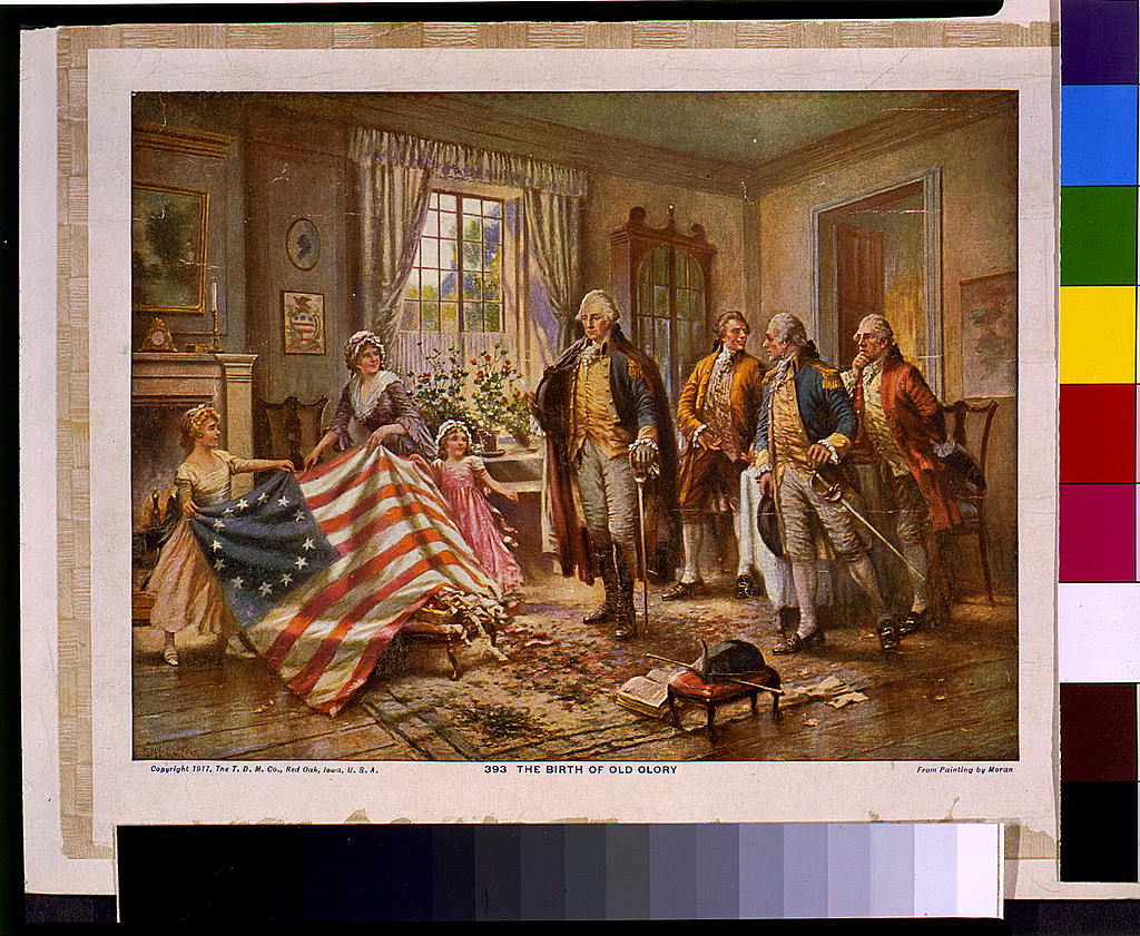 Birth of Old Glory -- Betsy Ross and two girls showing United States flag to George Washington and three other men.  Library of Congress Prints and Photographs Division

