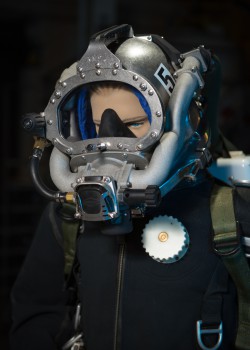 A prototype for a new life support system for divers is displayed on a mannequin at the Naval Surface Warfare Center in Panama City, Fla., in this March 19 photo. The semi-closed system has been developed to accelerate Navy diver deployment, increase safety, and conserve the mixed gas atmosphere. Photo: Anthony Powers/U.S. Navy.