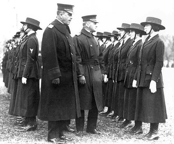 World War I Navy "Yeoman (F)" women lined up outdoors, with what might be the Washington Monument behind them, national mall, Washington, D.C. Photo courtesy of Library of Congress.