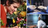 	woman smelling flowers, latex gloves, chef cooking over hot grill