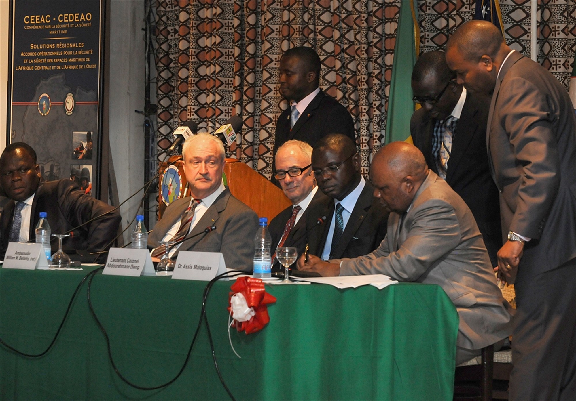 COTONOU, Benin - Brigadier General Guys-Pierre Garcia, the lead planner for the Economic Community of Central African States (ECCAS) delegation, co-signs a Communique along with the Economic Community of West African States (ECOWAS), to recommend that the Memorandum of Understanding (MOU) and Operational Agreement be submitted to the respective secretariats for eventual adoption by the states. The signing took place March 29 during the ECCAS and ECOWAS Maritime Safety and Security Conference in Cotonou, Benin, March 26-29, 2012. More than 250 representatives from more than 20 African nations attended the conference, which was held to facilitate cooperation between both African communities in order to provide regional maritime security in the Gulf of Guinea. The event was organized and facilitated by U.S. Africa Command and Africa Center for Strategic Studies.   (U.S. AFRICOM photo by Adam Gramarossa)