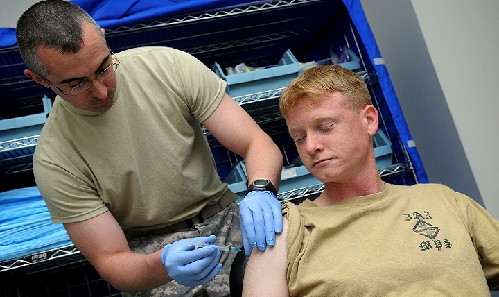 Cholera vaccinations via injection were routine for service members. Now, An FDA-approved vaccine is available for use in the United States for travelers going to cholera-affected areas. Vaxchora, which received its FDA license in 2016, is a single dose oral vaccine that contains live attenuated cholera bacteria. Cholera is a disease that is often transmitted through contaminated food or water. (U.S. Army Photo by Dustin Senger)