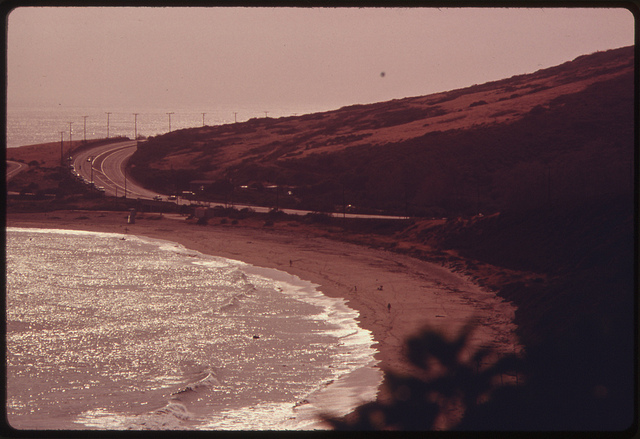 DOCUMERICA: U.S. #1 near the Pacific Ocean north of Malibu, California, on the northwestern edge of Los Angeles County. The Santa Monica Mountains are located nearby, the last semi-wilderness in Los Angeles County. The area is threatened with development. May, 1975 by Charles O'Rear.