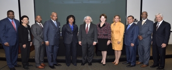 Secretary Ernest Moniz, Marillyn A. Hewson (Lockheed Martin Corporation's Chairman, President and CEO), and Director Dot Harris gather with a few of the 2015 newly appointed Minorities in Energy Ambassadors and Champions during the Minorities in Energy Year II Anniversary Forum on October 6, 2015. 