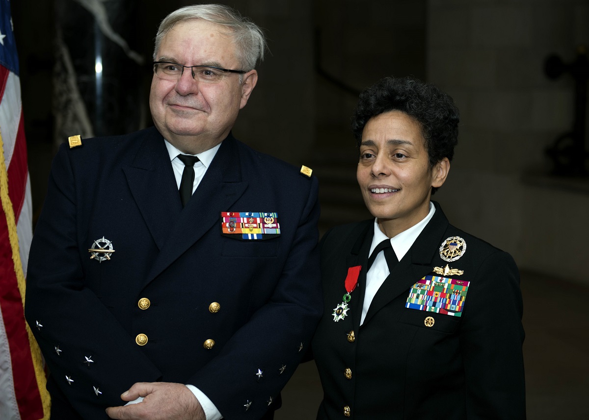 ANNAPOLIS, Md. (Dec. 10, 2015) French Chief of Staff Adm. Bernard Rogel stands by Vice Chief of Naval Operations Adm. Michelle Howard after presenting her with the Legion d'Honneur Award at the Crypt of John Paul Jones in the main chapel of the U.S. Naval Academy in Annapolis, Md., Dec. 10. The Legion d'Honneur Award is France's highest award.  U.S. Navy Photo by Mass Communication Specialist 2nd Class Tyrell K. Morris 
