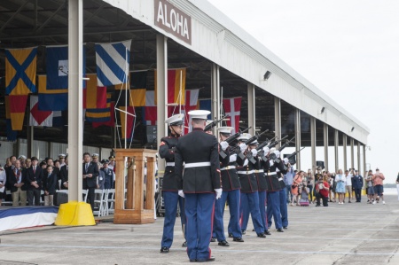 A U.S. Marine Corps honor guard detail performs a rifle salute during the 74th National Pearl Harbor Remembrance Day Commemoration Dec. 7, 2015, at Joint Base Pearl Harbor-Hickam, Hawaii. The commemoration was co-hosted by the National Park Service and U.S. Navy and provided veterans, family members, and the community a chance to honor the sacrifices made by those who fought and lost their lives during the attack on Pearl Harbor 74 years ago. U.S. Air Force photo by Staff Sgt. Christopher Hubenthal 