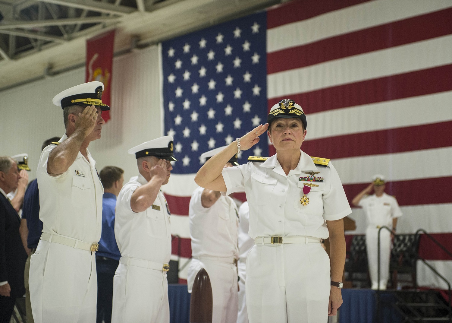 VIRGINIA BEACH, Va. (Aug. 20, 2015) Rear Adm. Sandy L. Daniels is piped ashore during her retirement ceremony at Commander, Patrol and Reconnaissance Group Pacific (CPRGP) change of command ceremony. The CPRG mission is to ensure optimum and uniform training, readiness and effective command, and control and coordination for various Navy commands.  U.S. Navy photo by Mass Communication Specialist Seaman William B. Dodge 