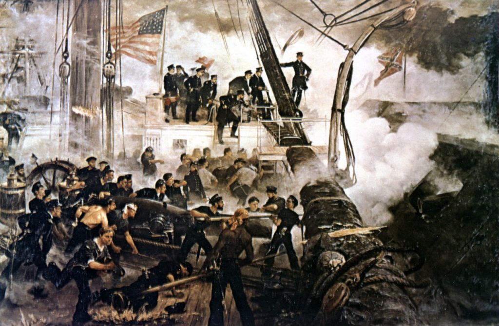 Battle of Mobile Bay, 5 August 1864. “Damn the torpedoes, full speed ahead.” “An August Morning with Farragut.” Lithograph of an oil painting by William H. Overend. Painting is property of Wadsworth Atheneum and used with their permission.