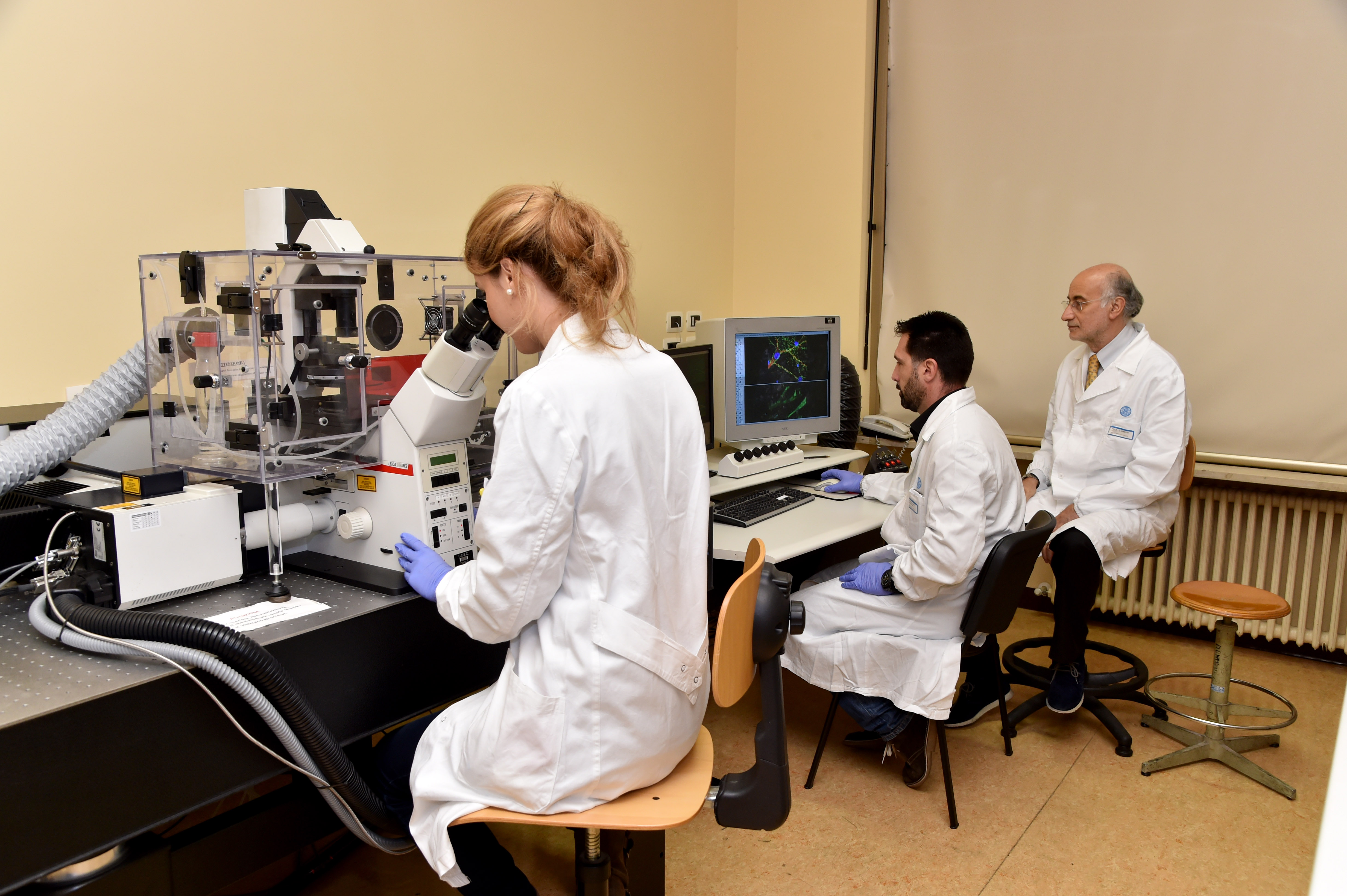 Dr. Claudio Grassi (right) and two members of his research team at the Catholic University Medical School in Rome, Italy. In a breakthrough study that could improve how people learn and retain information, the researchers significantly boosted the memory and mental performance of laboratory mice through electrical stimulation. Photo courtesy of Dr. Claudio Grassi.