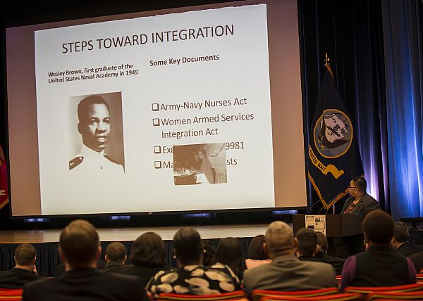 WASHINGTON (Feb. 23, 2015) Dr. Regina Akers, a historian at Naval History and Heritage Command, delivers the keynote address during the Naval History and Heritage Command Black History Month Presentation. Akers delivered her remarks on "African Americans in the Sea Services: A century of black life, history and culture," at the Pentagon Auditorium. U.S. Navy photo by Mass Communication Specialist 2nd Class George M. Bell.