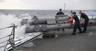 MEDITERRANEAN SEA: Sailors aboard the guided-missile destroyer USS Porter (DDG 78) test-fire a Mark 46 torpedo launching system. (U.S. Navy photo by Mass Communication Specialist Seaman Ford Williams/Released)
