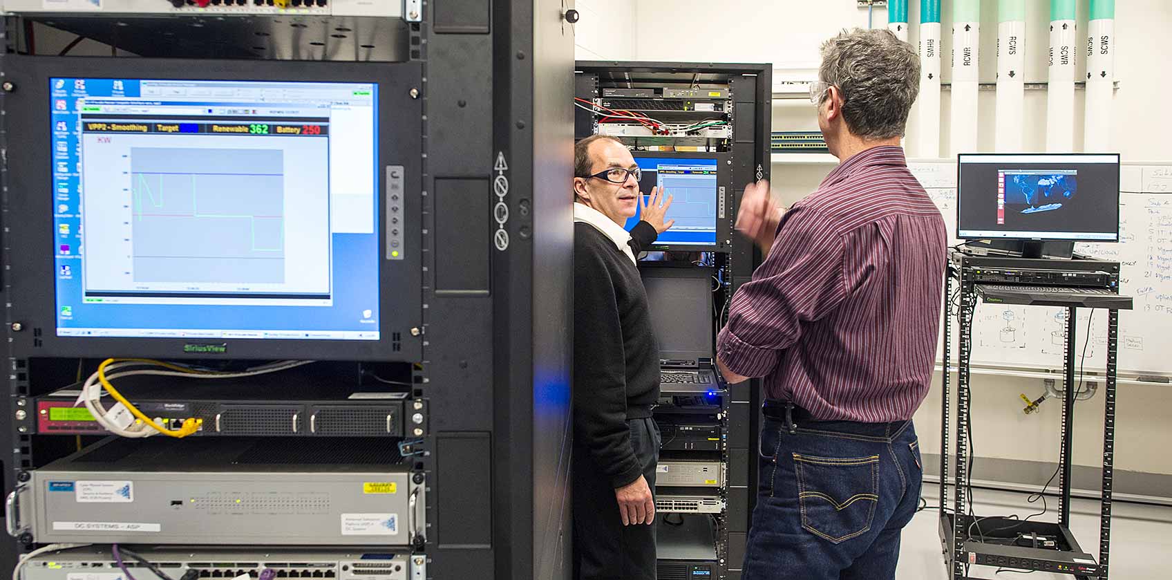 Photo of men working on a cybersecurity test bed in a laboratory