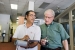 Discussing energy audit results — Dr. Bhaskaran Gopalakrishnan (left) and Dr. Ed Crowe (right, Engineering Scientist at West Virginia University) discuss some of the findings of an energy audit of a small business in Fairmont.<br/><em>WVU, Photo by Brian Persinger</em>