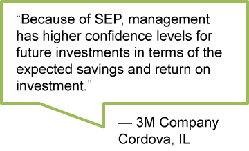 “Because of SEP, management has higher confidence levels for future investments in terms of the expected savings and return on investment.” - 3M Company; Cordova, IL