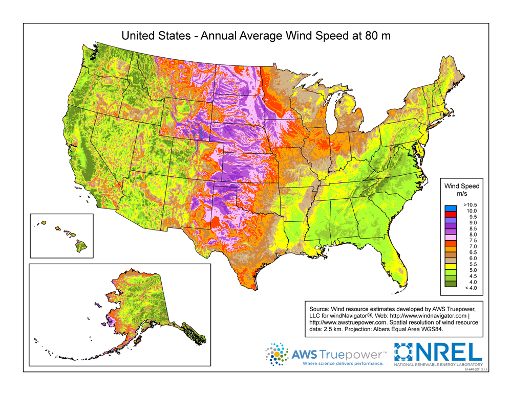 A map of the United States colored to identify annual average wind speed at 80 meters.