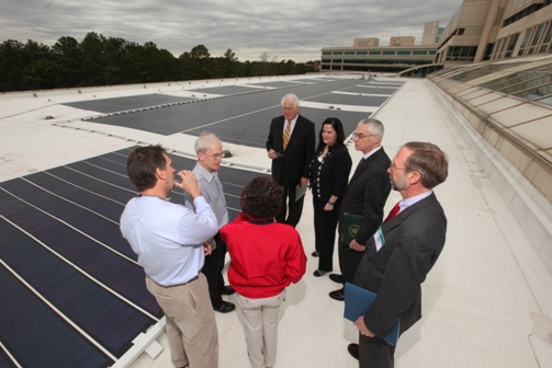 Deputy Administrator Perciasepe tours the solar roof of EPA’s current Research Triangle Park building with U.S. Representative David Price, Assistant Secretary of the Army for Installations, Energy and Environment Katherine Hammack, Stan Meiburg, and EPA employees Pete Schubert, Greg Eades, and Liz Deloatch.