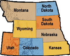 Map of states in the Mountain-Prairie Region: Colorado, Kansas, Montana, Nebraska, North Dakota, South Dakota, Utah, and Wyoming.