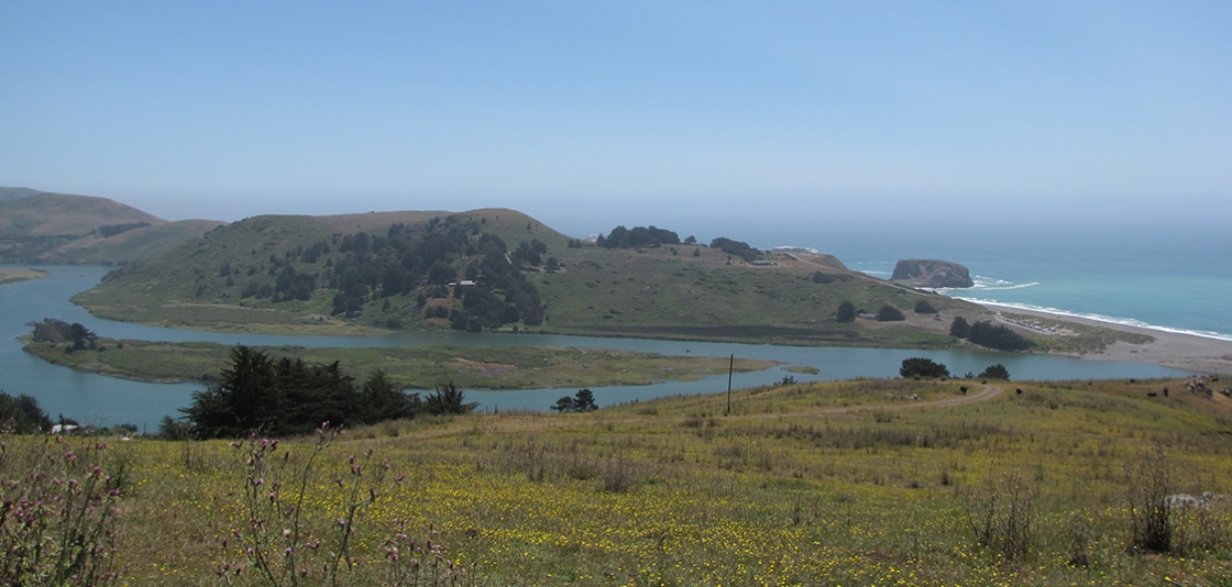A view of the lower Russian River and estuary, Sonoma County, California. This area is part of the North-Central California Coast and Russian River Resilient Lands and Waters Partnership. 