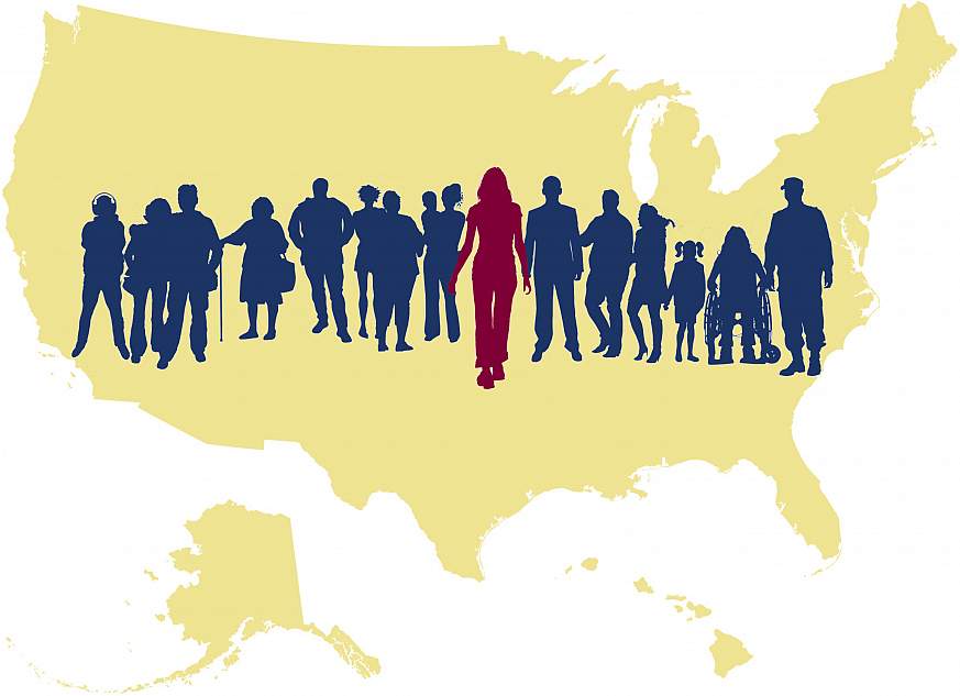 A graphical map of the United States superimposed by a group of silhouetted people. A single person in the center stands out.