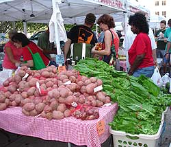 image of farmers market stand displaying potatoes and greens with people shopping