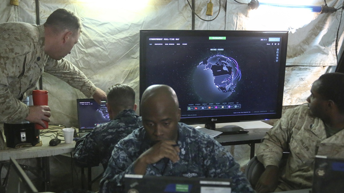 Marines with I Marine Expeditionary Force and sailors with 553 Cyber Protection Team, monitor network activity during I MEF Large Scale Exercise 2016 at Marine Corps Air Station Miramar, Calif., Aug 22, 2016. The overall purpose of the exercise was to practice the deployment of a fighting force of more than 50,000 military personnel to a partner nation and incorporate both live-fire and simulated combat scenarios against a near-peer enemy force. 553-CPT is a team of cyber defense specialists with Fleet Cyber Command. The team advised I MEF while setting up the command element’s networks.