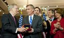 Washington D.C. -- National Museum of the U.S. Air Force Director Lt. Gen. (Ret.) John Hudson accepts the Doolittle Raiders Congressional Gold Medal on behalf of the Raiders on April 15, 2015. (left to right) Senate Majority Leader Mitch McConnell (R-KY), Museum Director Lt. Gen. (Ret.) John Hudson, Representative Pete Olson (R-TX-22nd District), Senator Sherrod Brown (D-OH)  and House Democratic Leader Nancy Pelosi (D-CA). (U.S. Air Force photo)