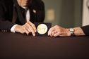 DAYTON, Ohio -- Doolittle Tokyo Raiders Lt. Col. Richard Cole, co-pilot of Crew No. 1, and Staff Sgt. David Thatcher, engineer-gunner of Crew No. 7, see their Congressional Gold Medal for the first time on April 17, 2015. During a ceremony on April 18 at the museum, the medal will be presented to the museum for inclusion in the Doolittle Raid exhibit. (U.S. Air Force photo)