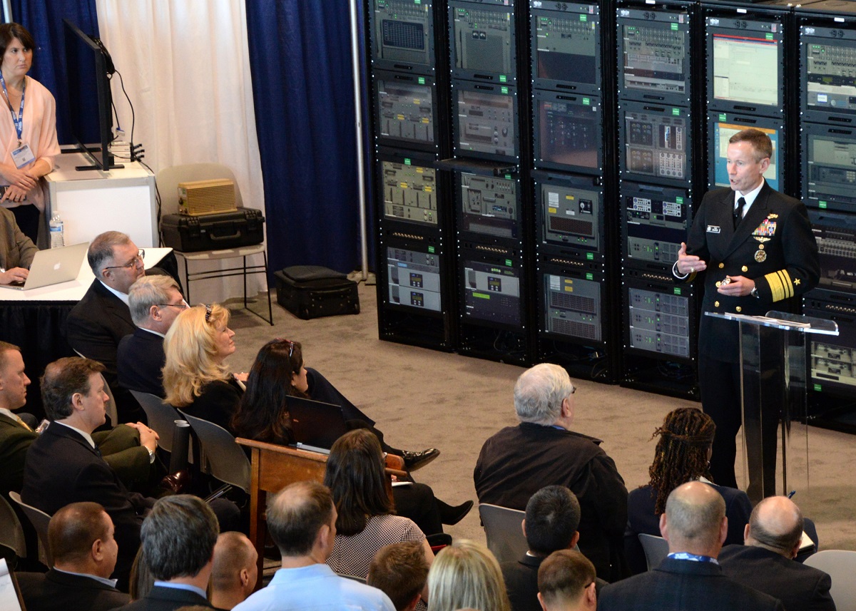 National Harbor, Md. (May 16, 2016) Vice Adm. Ted N. Branch, Deputy Chief of Naval Operations for Information Warfare and Director of Naval Intelligence (N2N6) discusses the future of information warfare with a large audience in the Navy Information Warfare Pavilion at the Sea, Air and Space (SAS). SAS, sponsored by the U.S. Navy League, is the world's largest maritime exposition and provides a venue of interaction between the maritime defense industry and U.S and international military organizations.  U.S. Navy photo by Rick Naystatt/Released 