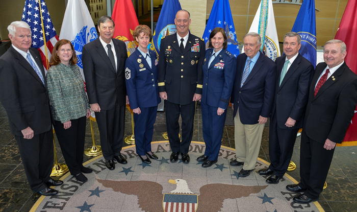 From left to right: retired Air Force Lt Gen John Campbell, DISA vice director from 1998-2001; retired Navy RADM Elizabeth Hight, DISA vice director from 2007-2009; retired Army LTG Carroll Pollett, DISA director from 2008-2012; Air Force CCM Andrea Gates, senior enlisted advisor to the director of DISA; Army LTG Alan Lynn, director of DISA and commander of JFHQ-DODIN; Air Force Maj Gen Sarah Zabel, vice director of DISA; retired Army LTG William Hilsman, DCA director from 1980-1983; retired Air Force Lt Gen Charlie Croom Jr., DISA director from 2005-2008; and retired Army MG J. David Bryan, DISA vice director from 2001-2004. Not pictured:  retired Air Force Lt Gen Albert Edmonds, DISA director from 1994-1997.