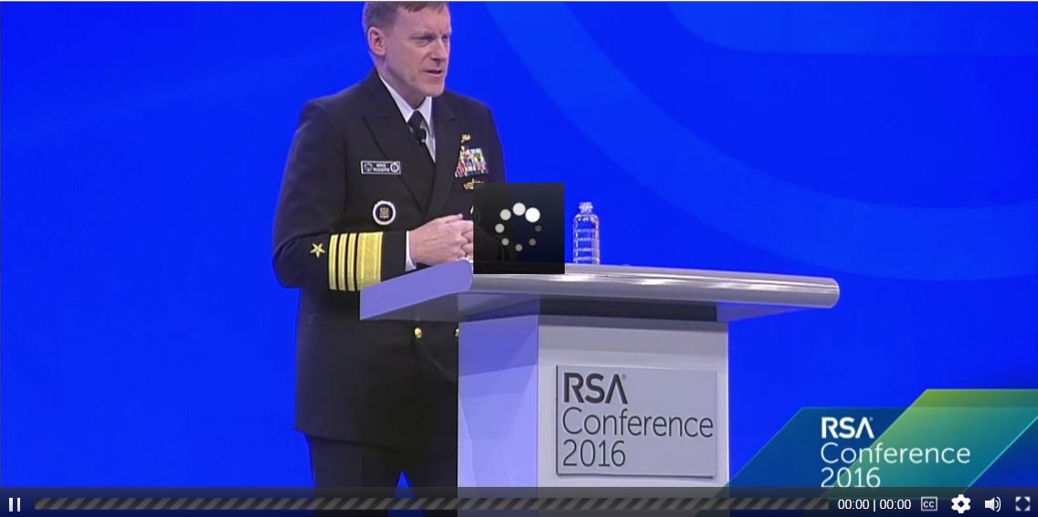  Navy Adm. Michael S. Rogers, director of the National Security Agency and commander of U.S. Cyber Command, speaks at an RSA Security conference in San Francisco, March 1. 2016. Click for <a href="http://www.defense.gov/Video?videoid=452216" alt='Link will open in a new window.' target='whole'>video</a>