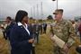 Maj. Christopher W. Burkhart, U.S. Army Corps of Engineer, Nashville District deputy district engineer, welcomes Kentucky Lt. Gov. Jenean Hampton to the Kentucky Lock Addition Project at Kentucky Lake Oct. 13, 2016.   
