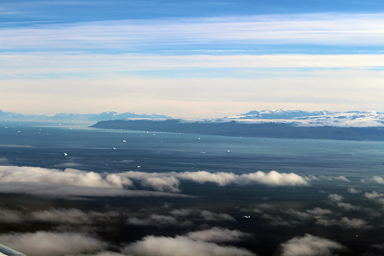 Icebergs dot the seascape in Baffin Bay,