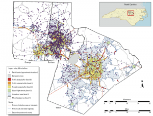 Figure 1 - Map of the study area with showing traffic zones and approximate locations of participants.