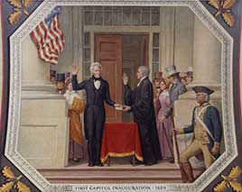 Chief Justice John Marshall administering oath of office to Andrew Jackson on east portico of U.S. Capitol, March 4, 1829