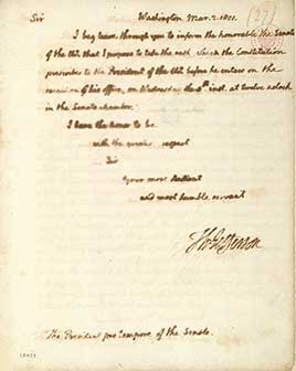 Letter from Thomas Jefferson to President pro tempore of the Senate, March 2, 1801, letterpress in Jefferson's hand.
