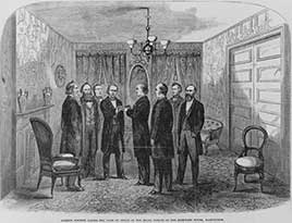 Andrew Johnson taking oath of office in small parlor of Kirkwood House [Hotel], Washington, April 15, 1865