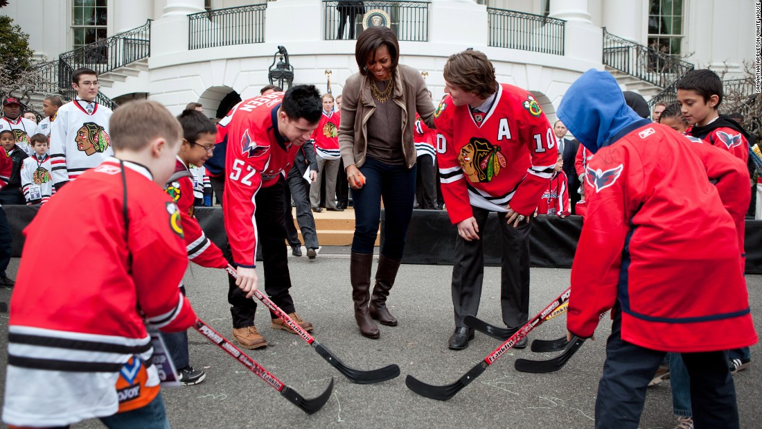 While Let&#39;s Move! has made strides in helping kids become healthy, the statistics are still daunting. Here she attends a partnership event with Chicago Blackhawks and Washington Capitals players on the South Lawn of the White House in 2011.  