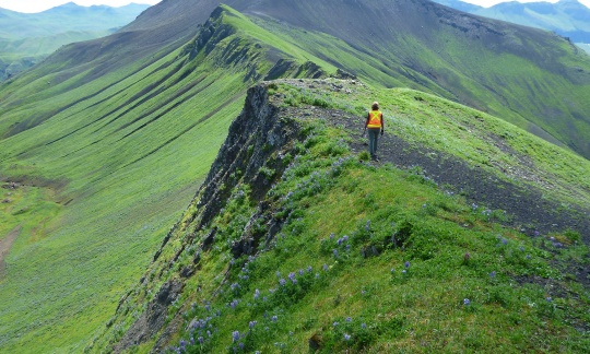 A woman in a safety vest walks towards a high hill on the edge of a jagged ridge.
