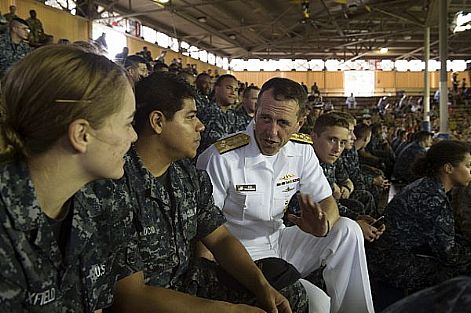 Chief of Naval Operations (CNO) Adm. John Richardson speaks with Sailors during the Seton Hall University vs. University of California basketball game which was part of the FOX Sports 1 Pearl Harbor Invitational at Bloch Arena, Joint Base Pearl Harbor-Hickam. Fox Sports aired the basketball game live as part of the weeklong commemoration of the 75th anniversary of the attacks on Pearl Harbor and Oahu. The U.S. military and the State of Hawaii are hosting a series of remembrance events throughout the week to honor the courage and sacrifices of those who served during Dec. 7, 1941, and throughout the Pacific theater. As a Pacific nation, the U.S. is committed to continue its responsibility of protecting the Pacific sea-lanes, advancing international ideals and relationships, as well as delivering security, influence and responsiveness in the region.  U.S. Navy photo by Petty Officer 2nd Class Jared E. Walker (Released)  161207-N-JY474-077