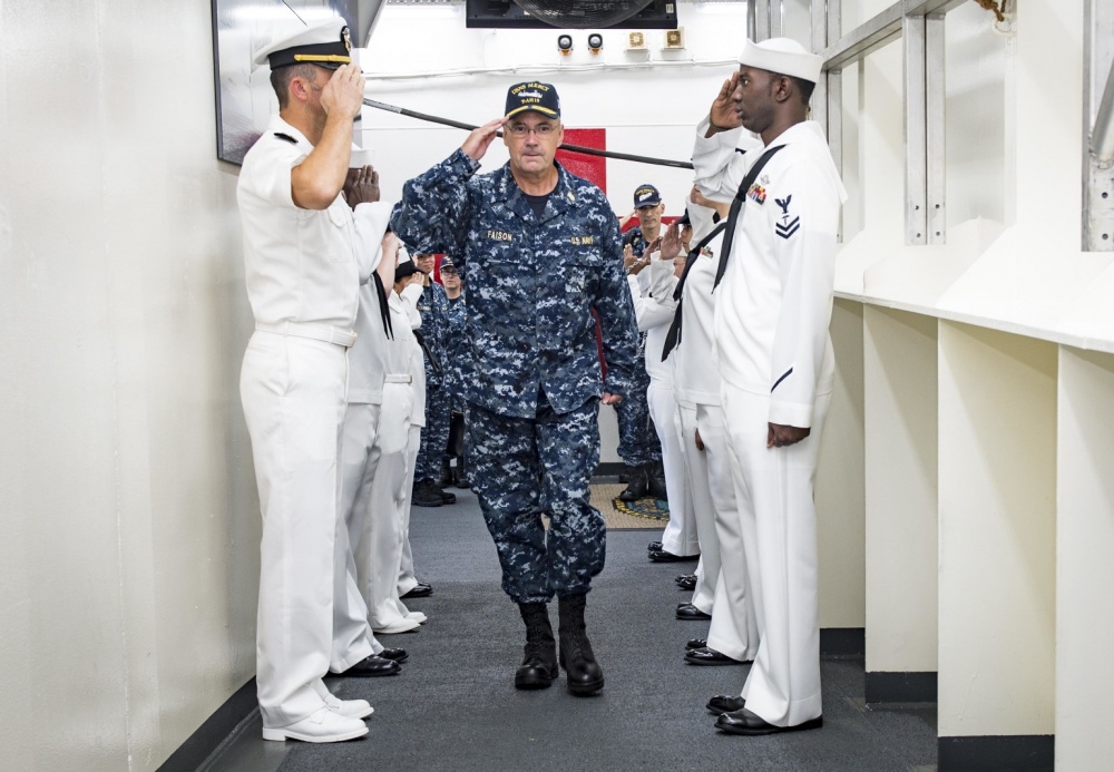 KUANTAN, Malaysia (Aug. 4, 2016) Vice Adm. C. Forrest Faison III, surgeon general of the Navy, salutes sideboys as he arrives aboard hospital ship USNS Mercy (T-AH 19). During his visit, he met with Pacific Partnership 2016 personnel, toured Mercy and held an Admiral's Call where he answered questions from the crew. Mercy is in Kuantan in support of Pacific Partnership 2016, the first time Mercy and Pacific Partnership have visited Malaysia. During the mission stop, partner nations work side-by-side with local military and civilian organizations in a search and rescue exercise, civil engineering projects, community relation events and subject matter expert exchanges. (U.S. Navy photo by Mass Communication Specialist 2nd Class Hank Gettys/Released)