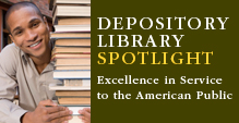 person next to a stack of books; Depository Library Spotlight: Excellence in Service to the American Public