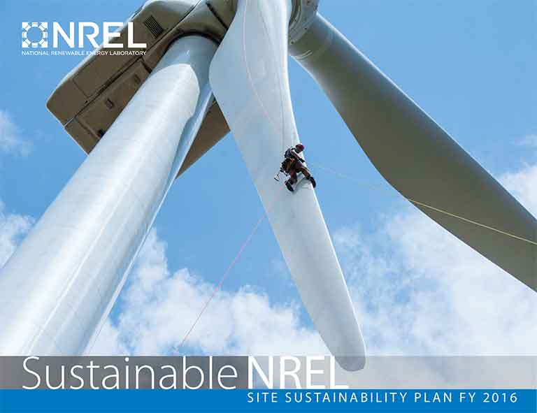 The cover of the Site Sustainability Plan from Fiscal Year 2016, which shows a person hoisted atop a wind turbine blade.