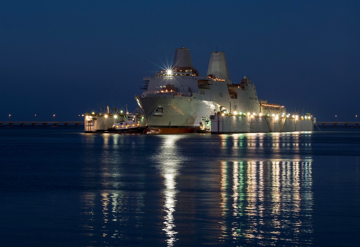 PASCAGOULA, Miss. (Oct. 30, 2014) The amphibious transport dock ship Pre-Commissioning Unit (PCU) John P. Murtha (LPD 26) is launched from the Huntington Ingalls Industries shipyard in Pascagoula, Miss. U.S. Navy photo courtesy of Huntington Ingalls Industries