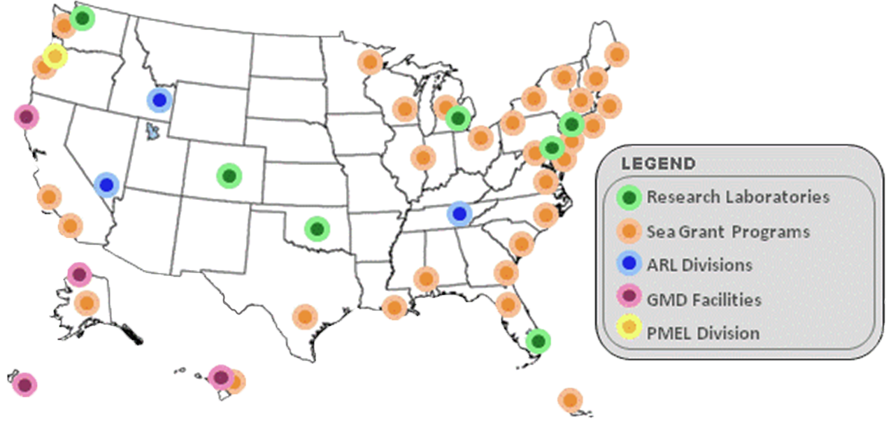 Map of NOAA Research program and laboratory locations