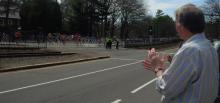 Senator Markey cheering on runners at the 2014 Boston Marathon