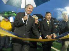 Senator Markey with Mayor Christenson and Principal Brown at the MacDonald Stadium Rededication Ceremony in Malden, MA