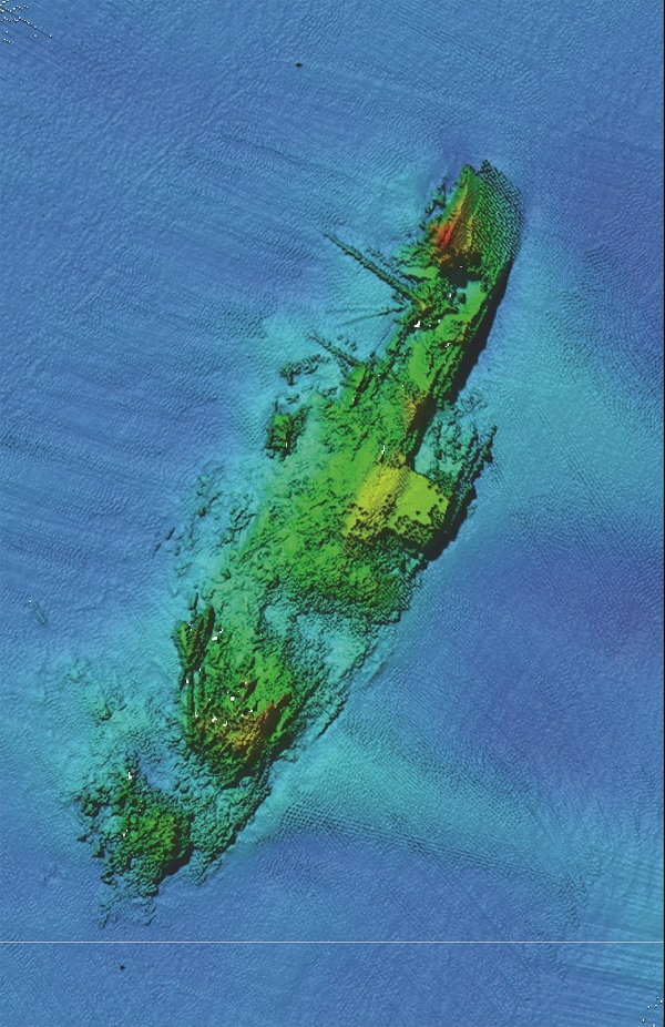 One of UAB’s major projects involved a multiyear remote sensing survey that began in 2000 along Normandy Beach to locate and document US Navy losses during World War II. Pictured is a multibeam sonar image of the troop transport Susan B. Anthony. U.S. Navy Photo 