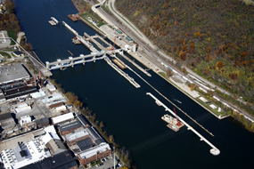 Aerial view of Lock and Dam 4, Monongahela River, Charleroi, Pa