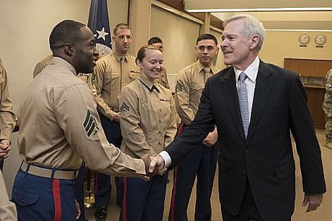 Secretary of the Navy (SECNAV) Ray Mabus meets with Marines assigned to the Marine Security Guard Detachment at the U.S. Embassy in Riyadh. Mabus is in the area as part of a multinational tour to meet with Sailors and Marines, and government and military leaders.  U.S. Navy photo by Petty Officer 1st Class Armando Gonzales (Released)  161126-N-LV331-001