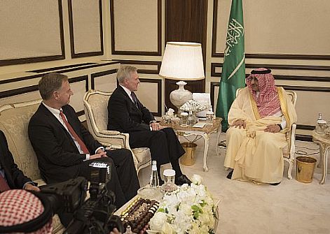Secretary of the Navy (SECNAV) Ray Mabus meets with Crown Prince of Saudi Arabia, Muhammad bin Nayef. Mabus is in the area as part of a multinational tour to meet with Sailors and Marines, and government and military leaders.  U.S. Navy photo by Petty Officer 1st Class Armando Gonzales (Released)  161127-N-LV331-002